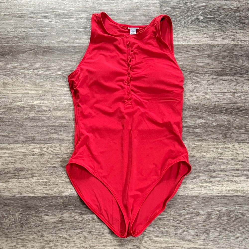 Andie Tall Red One-Piece Swimsuit with Front Button Placket XL